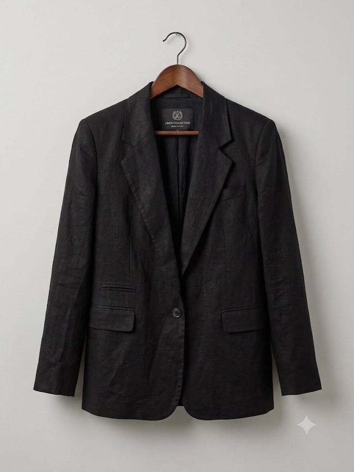 Black linen single-button blazer on a hanger